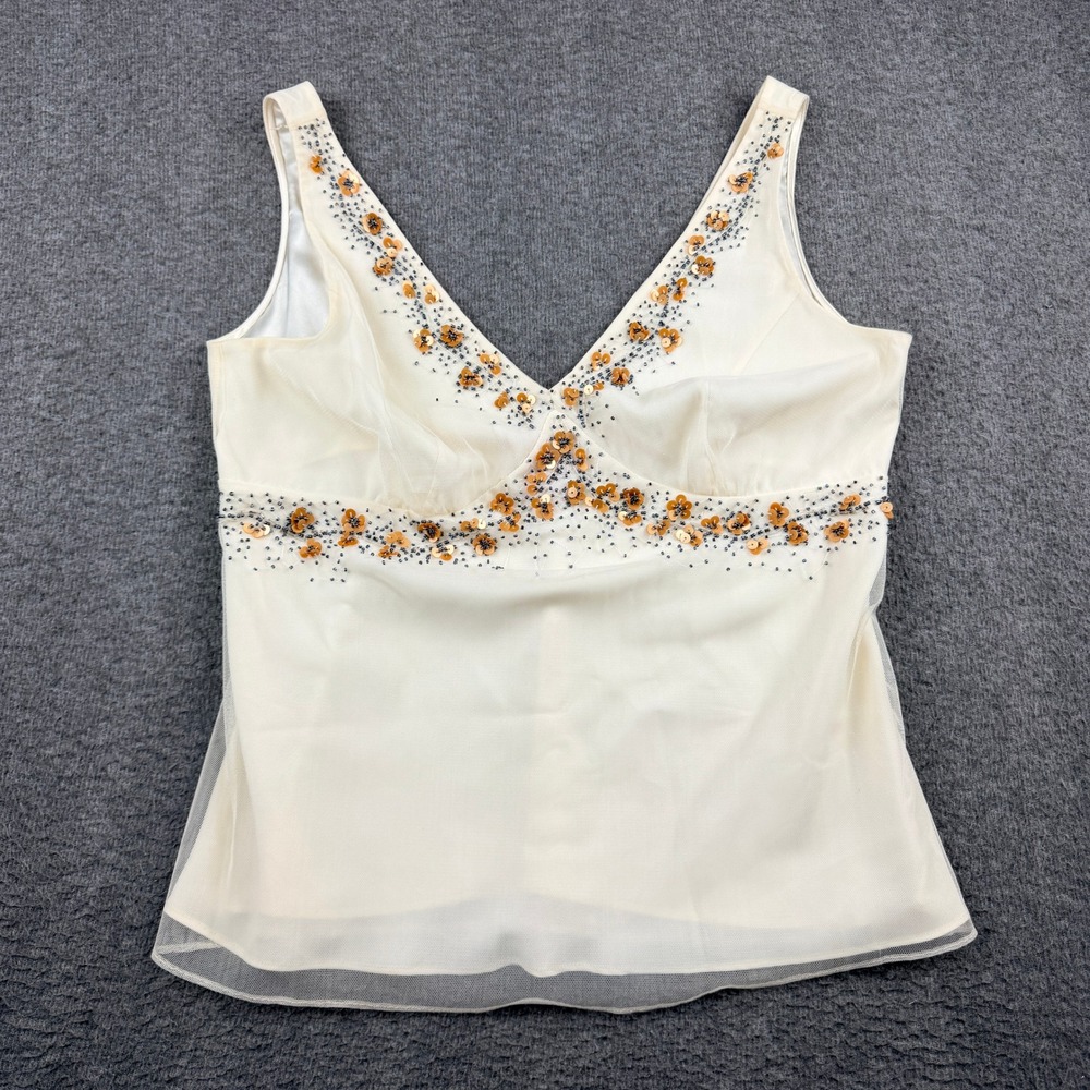 Very Vera Cream Beaded Women's L Large Sequin Floral Mesh Overlay Tank Top
